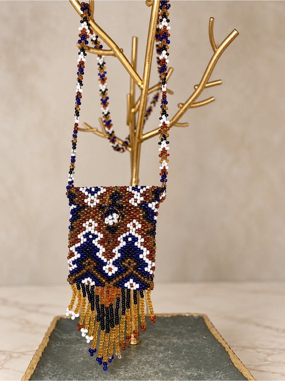 Hand Beaded Artisan Mini Pouch Necklace Seed Bead Blue, Brown Boho 30” Fringe